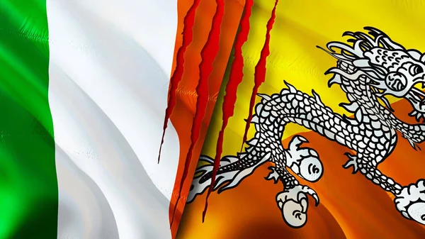Ierland Bhutan Vlaggen Met Litteken Concept Wuivende Vlag Rendering Conflictconcept — Stockfoto