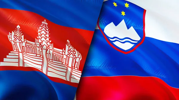 Cambodia and Slovenia flags. 3D Waving flag design. Cambodia Slovenia flag, picture, wallpaper. Cambodia vs Slovenia image,3D rendering. Cambodia Slovenia relations alliance and Trade,travel,touris