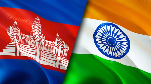 Cambodia and India flags. 3D Waving flag design. Cambodia India flag, picture, wallpaper. Cambodia vs India image,3D rendering. Cambodia India relations alliance and Trade,travel,tourism concep