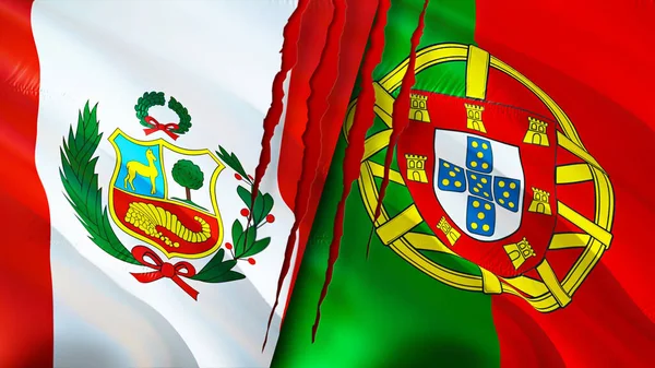 Banderas Perú Portugal Con Concepto Cicatriz Bandera Ondeante Representación Concepto — Foto de Stock