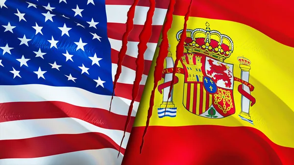 USA and Spain flags with scar concept. Waving flag,3D rendering. USA and Spain conflict concept. USA Spain relations concept. flag of USA and Spain crisis,war, attack concep