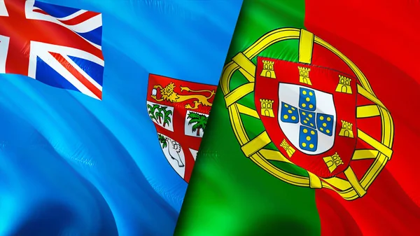 斐济和葡萄牙的国旗 3D波浪旗帜设计 斐济葡萄牙国旗 斐济对葡萄牙的图像 3D渲染 斐济葡萄牙关系联盟与贸易 — 图库照片