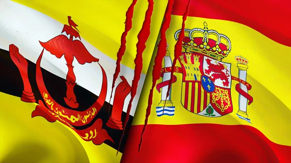 文莱和西班牙的国旗带有疤痕的概念 飘扬的旗帜 3D渲染 文莱和西班牙冲突概念 西班牙关系概念 文莱和西班牙的国旗危机 — 图库照片