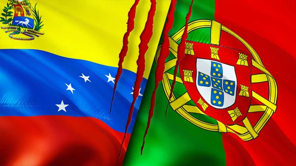 Venezuela and Portugal flags with scar concept. Waving flag,3D rendering. Venezuela and Portugal conflict concept. Venezuela Portugal relations concept. flag of Venezuela and Portugal crisis,war