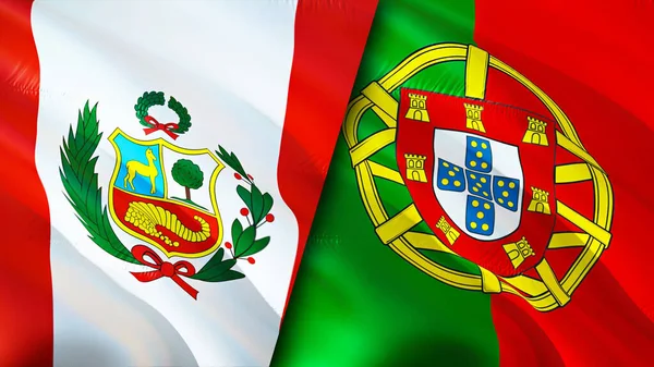 Peru and Portugal flags. 3D Waving flag design. Peru Portugal flag, picture, wallpaper. Peru vs Portugal image,3D rendering. Peru Portugal relations alliance and Trade,travel,tourism concep