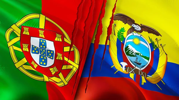 Portogallo Ecuador Bandiere Con Concetto Cicatrice Bandiera Sventolante Rendering Portogallo — Foto Stock