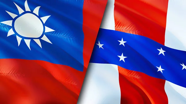 Taiwan and Netherlands Antilles flags. 3D Waving flag design. Taiwan Netherlands Antilles flag, picture, wallpaper. Taiwan vs Netherlands Antilles image,3D rendering. Taiwan Netherlands Antille
