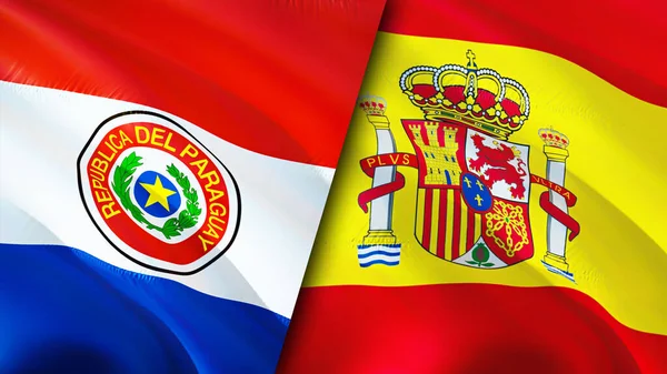 巴拉圭和西班牙的国旗 3D波浪旗帜设计 巴拉圭西班牙国旗 巴拉圭对西班牙的图像 3D渲染 巴拉圭西班牙关系联盟与贸易 — 图库照片