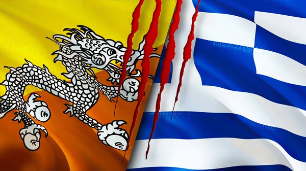 부탄과 그리스의 깃발에는 상처가 웨이브 플래그 렌더링 부탄과 그리스의 충돌이라는 — 스톡 사진