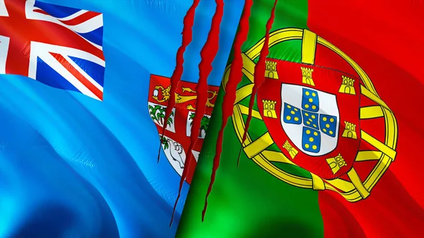 Fiji and Portugal flags with scar concept. Waving flag,3D rendering. Fiji and Portugal conflict concept. Fiji Portugal relations concept. flag of Fiji and Portugal crisis,war, attack concep