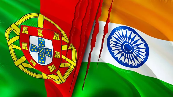 Portugal and India flags with scar concept. Waving flag,3D rendering. Portugal and India conflict concept. Portugal India relations concept. flag of Portugal and India crisis,war, attack concep