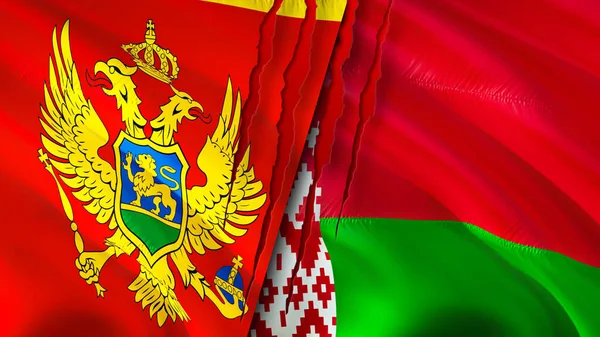 Montenegro and Belarus flags with scar concept. Waving flag,3D rendering. Montenegro and Belarus conflict concept. Montenegro Belarus relations concept. flag of Montenegro and Belarus crisis,war