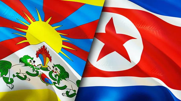 Tibet and North Korea flags with scar concept. Waving flag,3D rendering. Tibet and North Korea conflict concept. Tibet North Korea relations concept. flag of Tibet and North Korea crisis,war, attac