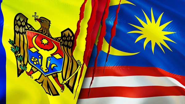 Moldawische Und Malaysische Flaggen Mit Narbenkonzept Fahnenschwenken Rendering Konfliktkonzept Moldawien — Stockfoto