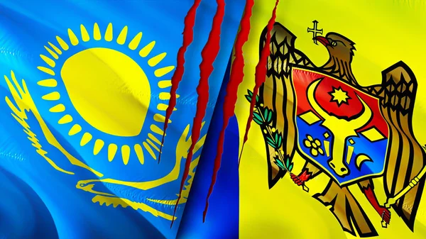 Kazakhstan and Moldova flags with scar concept. Waving flag,3D rendering. Kazakhstan and Moldova conflict concept. Kazakhstan Moldova relations concept. flag of Kazakhstan and Moldova crisis,war