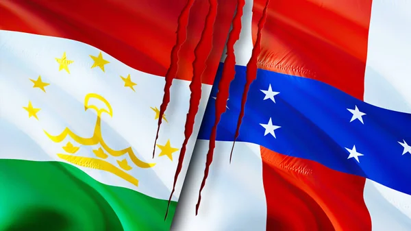 Tajikistan and Netherlands Antilles flags with scar concept. Waving flag,3D rendering. Tajikistan and Netherlands Antilles conflict concept. Tajikistan Netherlands Antilles relations concept. fla