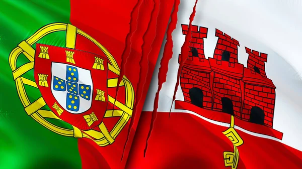 Portugal Gibraltar Flags Scar Concept Waving Flag Rendering Portugal Gibraltar — Stock Photo, Image