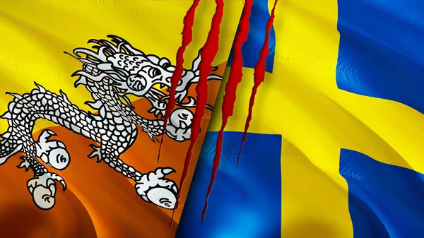 Bhutan and Sweden flags with scar concept. Waving flag,3D rendering. Bhutan and Sweden conflict concept. Bhutan Sweden relations concept. flag of Bhutan and Sweden crisis,war, attack concep