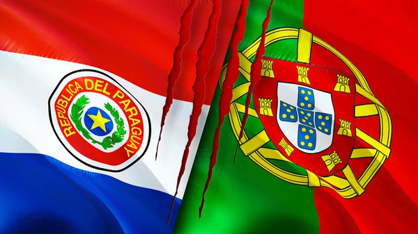 Paraguay and Portugal flags with scar concept. Waving flag,3D rendering. Paraguay and Portugal conflict concept. Paraguay Portugal relations concept. flag of Paraguay and Portugal crisis,war, attac