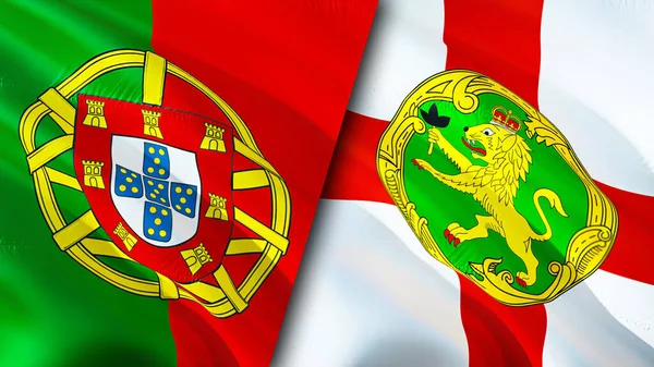ポルトガルとオルダニーの旗 3D波動旗のデザイン ポルトガルオルデニー旗 ポルトガル対オルダニー画像 3Dレンダリング ポルトガルオルダニー関係と貿易 ツアー — ストック写真