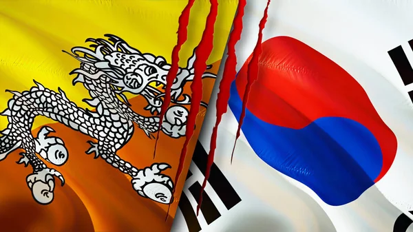 Bhutan and South Korea flags with scar concept. Waving flag,3D rendering. Bhutan and South Korea conflict concept. Bhutan South Korea relations concept. flag of Bhutan and South Korea crisis,war