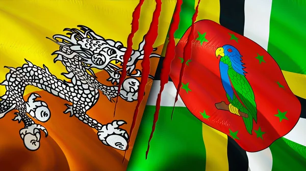 Banderas Bután Dominica Con Concepto Cicatriz Bandera Ondeante Representación Bután — Foto de Stock