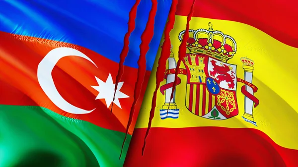 Azerbaijan and Spain flags with scar concept. Waving flag,3D rendering. Azerbaijan and Spain conflict concept. Azerbaijan Spain relations concept. flag of Azerbaijan and Spain crisis,war, attac
