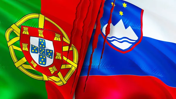 Portugal and Slovenia flags with scar concept. Waving flag,3D rendering. Portugal and Slovenia conflict concept. Portugal Slovenia relations concept. flag of Portugal and Slovenia crisis,war, attac