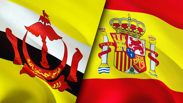 Brunei and Spain flags. 3D Waving flag design. Brunei Spain flag, picture, wallpaper. Brunei vs Spain image,3D rendering. Brunei Spain relations alliance and Trade,travel,tourism concep