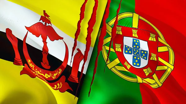 ブルネイとポルトガルは傷の概念で旗を掲げる 旗を振って3Dレンダリング ブルネイとポルトガルの対立概念 ブルネイポルトガル関係の概念 ブルネイとポルトガルの危機戦争攻撃コンプ — ストック写真