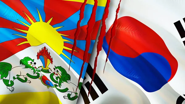 Tibet and South Korea flags. 3D Waving flag design. Tibet South Korea flag, picture, wallpaper. Tibet vs South Korea image,3D rendering. Tibet South Korea relations alliance and Trade,travel,touris