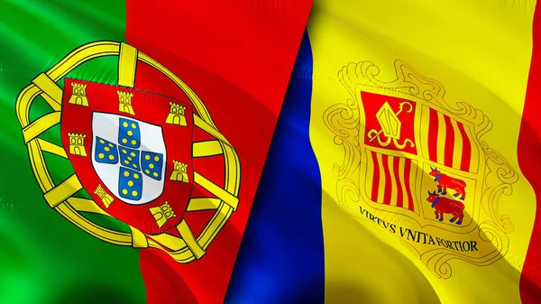 ポルトガルとアンドラの旗 3D波動旗のデザイン ポルトガルアンドラの旗 ポルトガル対アンドラ画像 3Dレンダリング ポルトガルアンドラ関係と貿易 ツアー — ストック写真