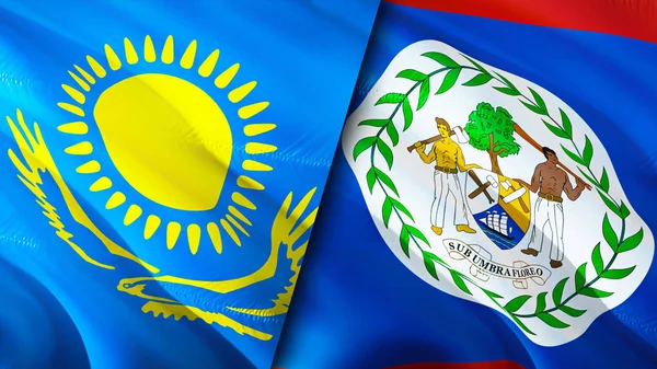 Kazakhstan and Belize flags. 3D Waving flag design. Kazakhstan Belize flag, picture, wallpaper. Kazakhstan vs Belize image,3D rendering. Kazakhstan Belize relations alliance and Trade,travel,touris