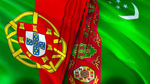 Portugal Turkmenistan Vlaggen Met Litteken Concept Wuivende Vlag Weergave Concept — Stockfoto