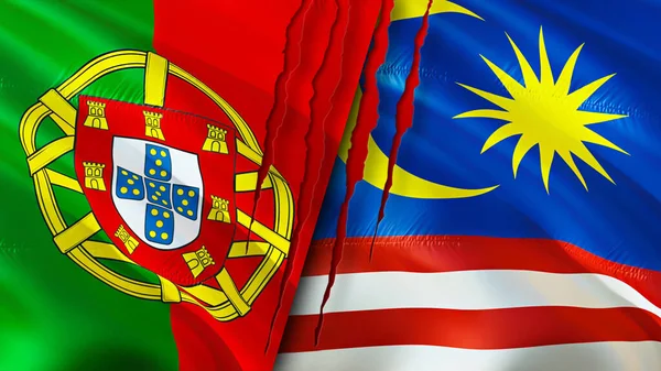 ポルトガルとマレーシアは傷の概念でフラグを立てます 旗を振って3Dレンダリング ポルトガルとマレーシアの紛争の概念 ポルトガルマレーシア関係の概念 ポルトガルとマレーシアの危機戦争攻撃の旗 — ストック写真