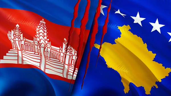 Kamboçya ve Kosova bayrakları yara izi kavramına sahip. Dalgalanan bayrak, 3 boyutlu görüntüleme. Kamboçya ve Kosova ihtilaf kavramı. Kamboçya Kosova ilişkileri kavramı. Kamboçya bayrağı ve Kosova krizi, savaş, saldırı konsepti