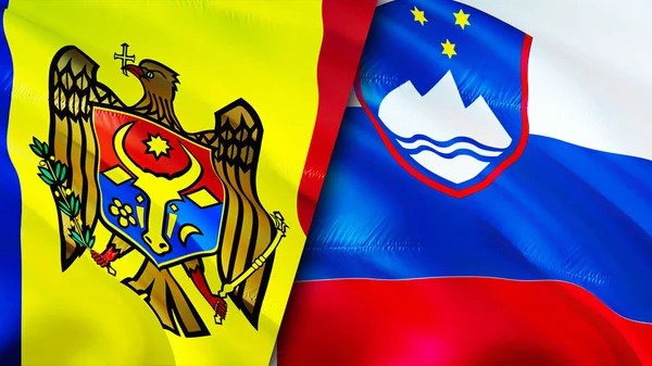 Moldova and Slovenia flags. 3D Waving flag design. Moldova Slovenia flag, picture, wallpaper. Moldova vs Slovenia image,3D rendering. Moldova Slovenia relations alliance and Trade,travel,touris