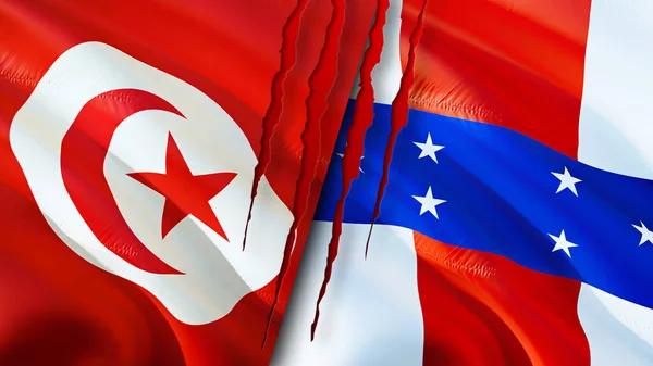Tunisia and Netherlands Antilles flags with scar concept. Waving flag,3D rendering. Tunisia and Netherlands Antilles conflict concept. Tunisia Netherlands Antilles relations concept. flag of Tunisi