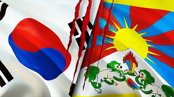 South Korea and Tibet flags with scar concept. Waving flag,3D rendering. South Korea and Tibet conflict concept. South Korea Tibet relations concept. flag of South Korea and Tibet crisis,war, attac
