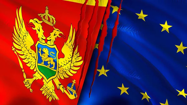 Montenegro and European Union flags with scar concept. Waving flag,3D rendering. Montenegro and European Union conflict concept. Montenegro European Union relations concept. flag of Montenegro an