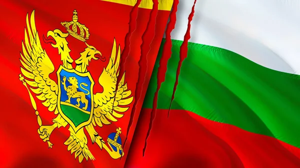 Montenegro and Bulgaria flags with scar concept. Waving flag,3D rendering. Montenegro and Bulgaria conflict concept. Montenegro Bulgaria relations concept. flag of Montenegro and Bulgari