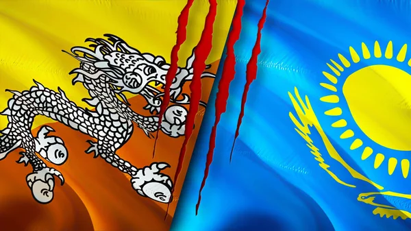 Flaggen Von Bhutan Und Kasachstan Mit Narbenkonzept Fahnenschwenken Rendering Bhutan — Stockfoto