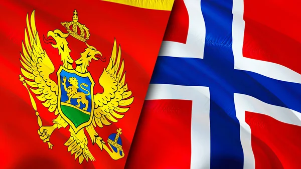 Montenegro and Norway flags. 3D Waving flag design. Montenegro Norway flag, picture, wallpaper. Montenegro vs Norway image,3D rendering. Montenegro Norway relations alliance and Trade,travel,touris