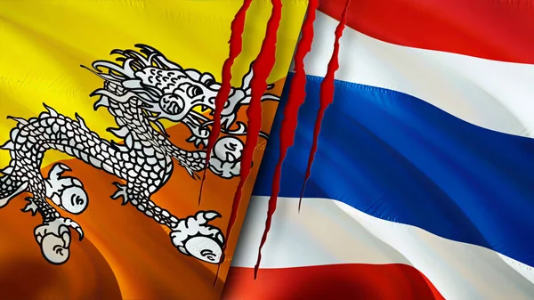 Bhutan Und Thailand Flaggen Mit Narbenkonzept Fahnenschwenken Rendering Konfliktkonzept Zwischen — Stockfoto