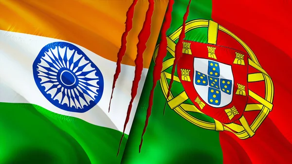 India and Portugal flags with scar concept. Waving flag,3D rendering. India and Portugal conflict concept. India Portugal relations concept. flag of India and Portugal crisis,war, attack concep