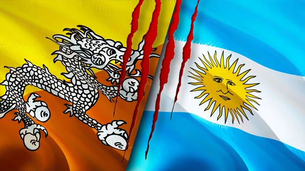 Bhutan and Argentina flags with scar concept. Waving flag,3D rendering. Bhutan and Argentina conflict concept. Bhutan Argentina relations concept. flag of Bhutan and Argentina crisis,war, attac