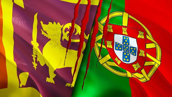 Sri Lanka and Portugal flags with scar concept. Waving flag,3D rendering. Sri Lanka and Portugal conflict concept. Sri Lanka Portugal relations concept. flag of Sri Lanka and Portugal crisis,war