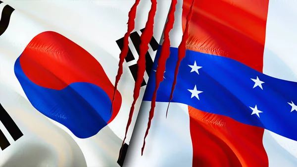 韩国和荷属安的列斯国旗的疤痕概念 飘扬的旗帜 3D渲染 韩国和荷属安的列斯冲突概念 南韩荷属安的列斯关系概念 — 图库照片