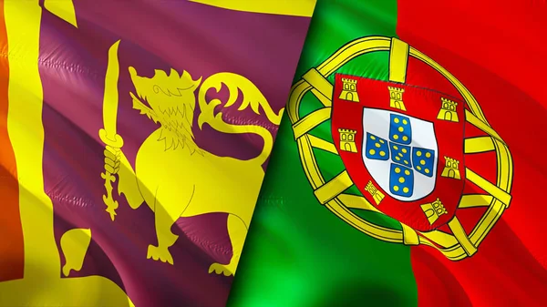 Sri Lanka and Portugal flags. 3D Waving flag design. Sri Lanka Portugal flag, picture, wallpaper. Sri Lanka vs Portugal image,3D rendering. Sri Lanka Portugal relations alliance an