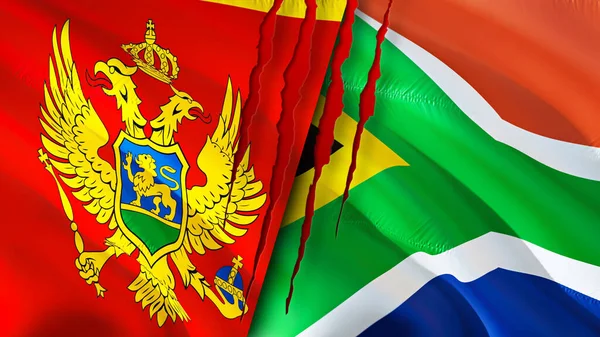 Montenegro and South Africa flags with scar concept. Waving flag,3D rendering. Montenegro and South Africa conflict concept. Montenegro South Africa relations concept. flag of Montenegro and Sout
